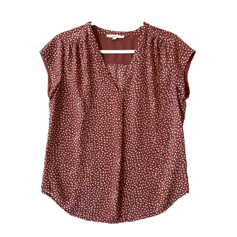 Fun2Fun Terra Cotta White Dot Short Cap Sleeve Pleated Blouse M Boho Chic Office